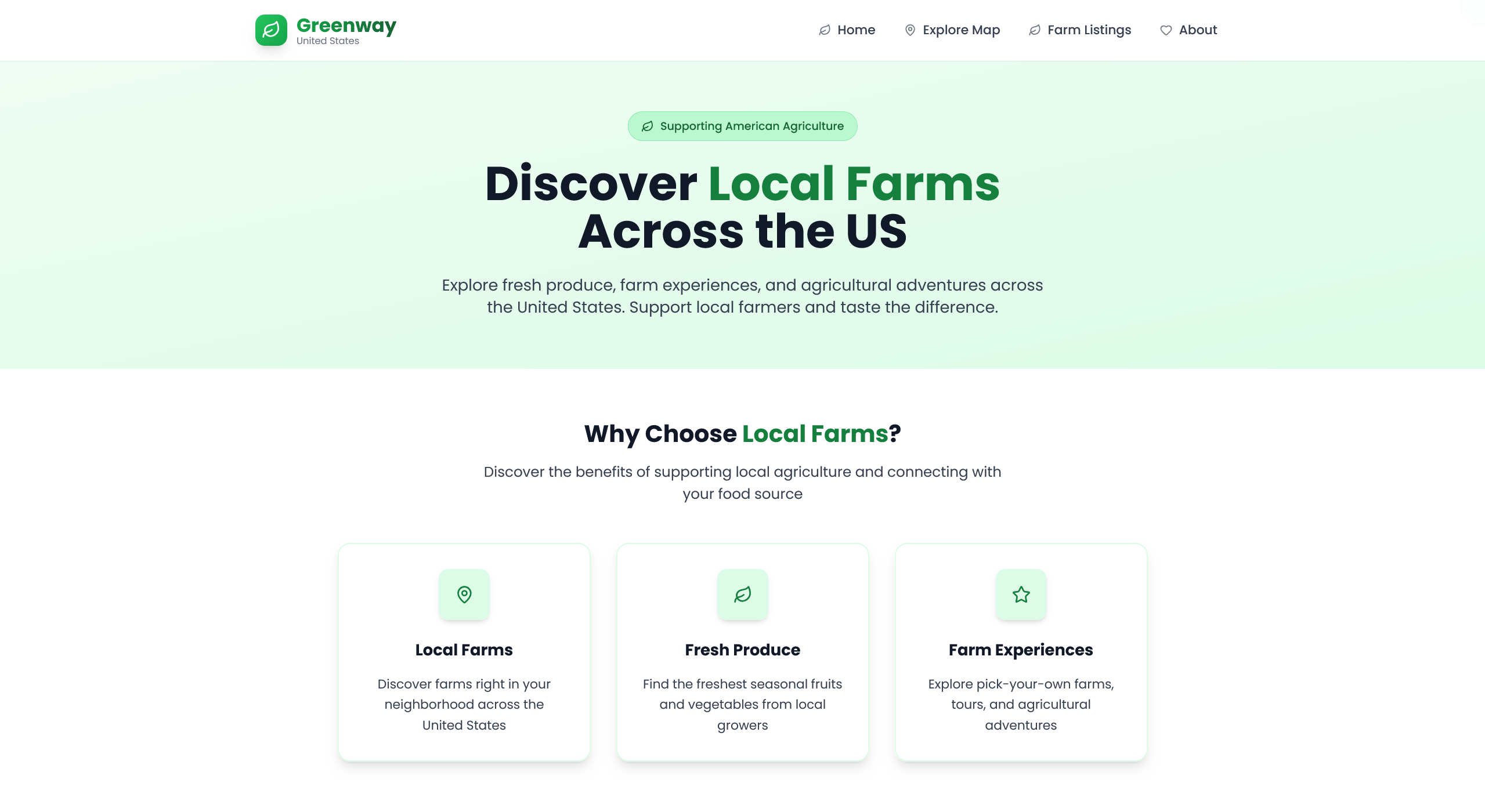 Greenway interface showing an interactive map with farm locations and farm profile pages